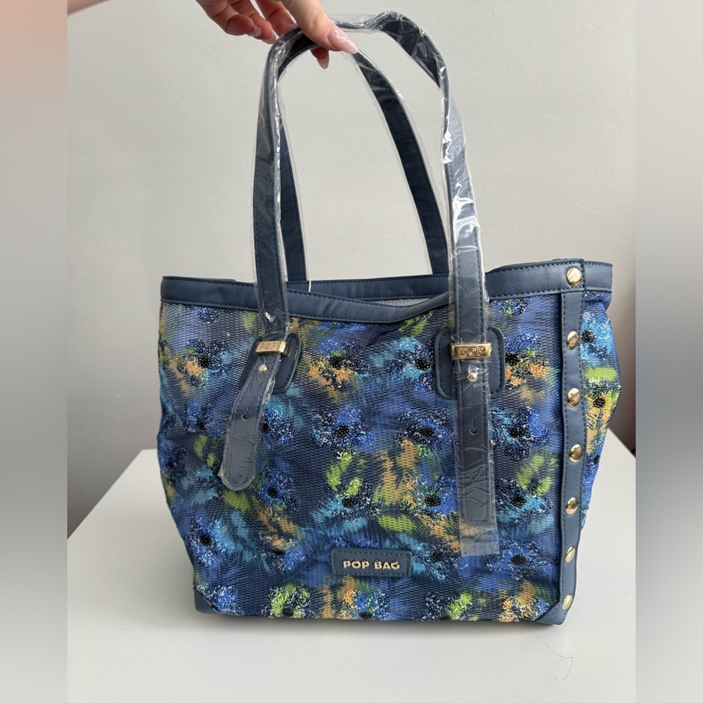 Blue Floral Tote with embroidered sequins • Pop Bag made in Italy NWT